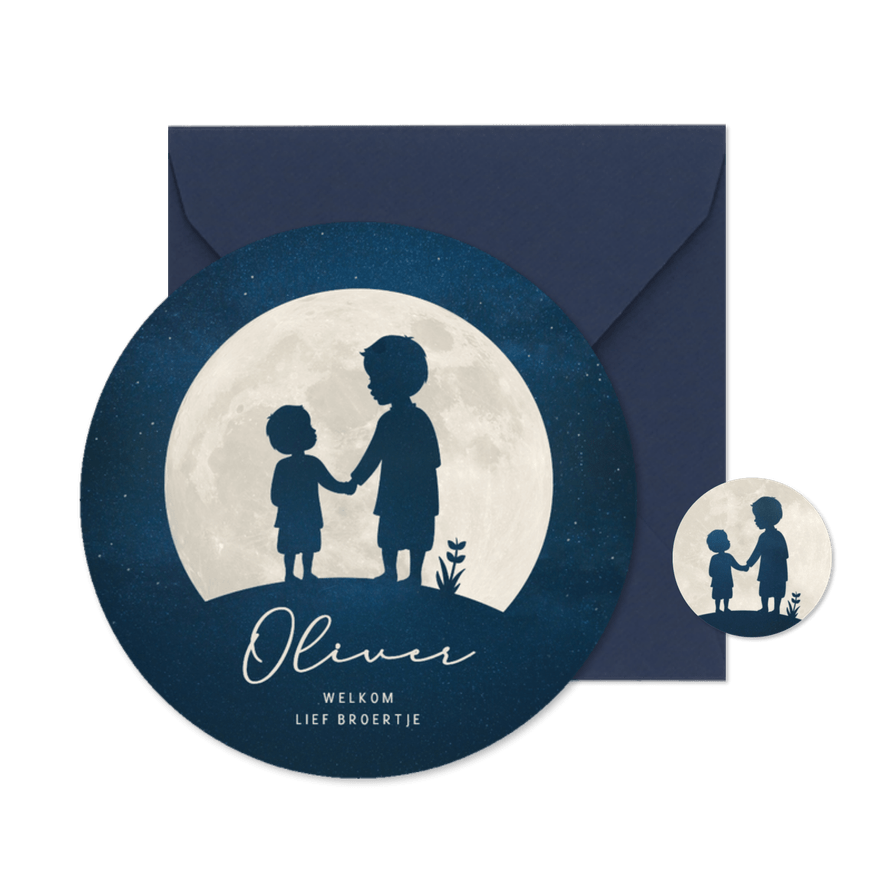 Rond geboortekaartje silhouet 2 broertjes in volle maan - Kaartimpressie