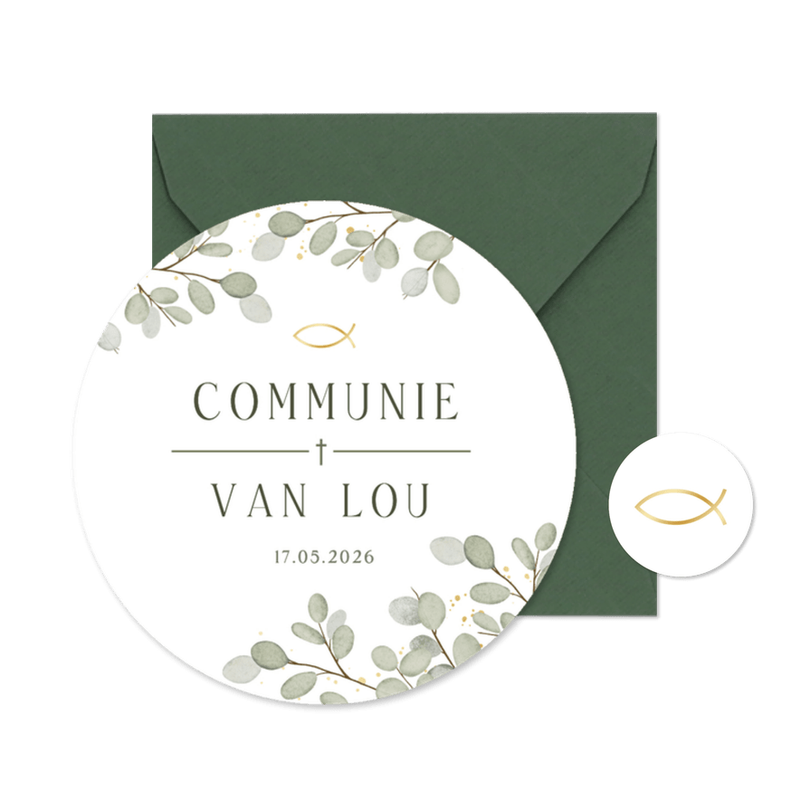 Ronde botanische communie uitnodiging Eucalyptus met visje - Kaartimpressie