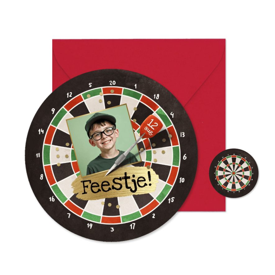 Ronde dart kaart kinderfeestje foto confetti - Kaartimpressie