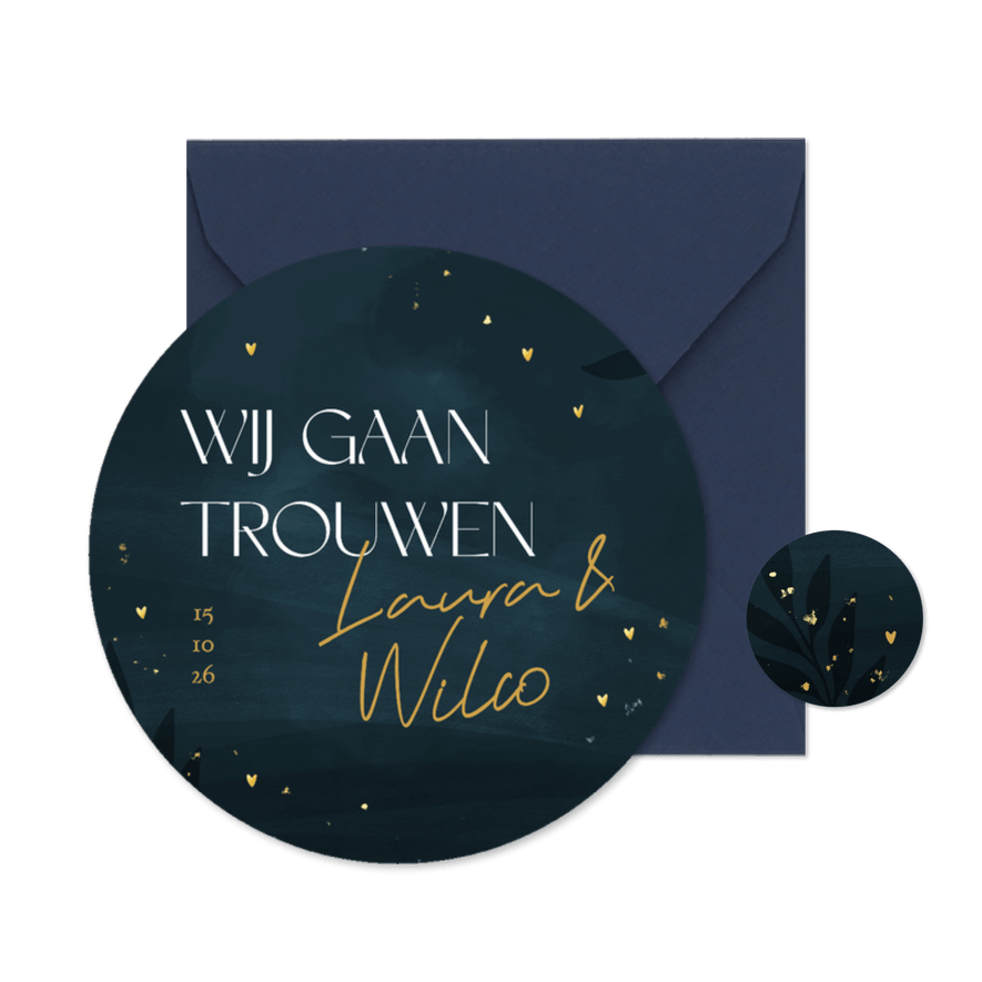 Ronde donkerblauwe trouwkaart met gouden hartjes - Kaartimpressie