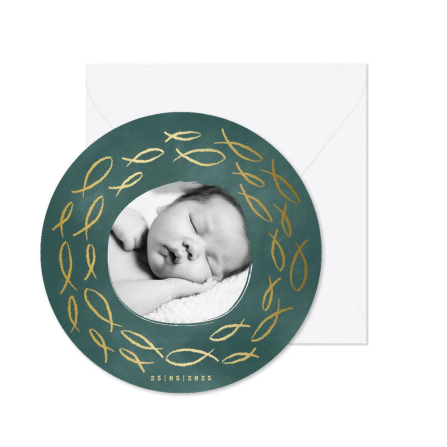Ronde doopkaart foto en gouden visjes - Kaartimpressie