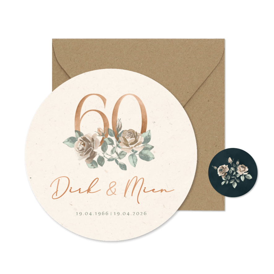 Ronde jubileum uitnodiging 60 jaar met bloemen - Kaartimpressie
