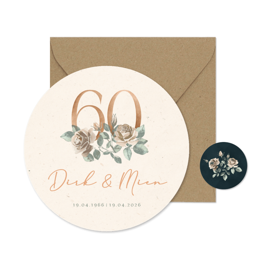 Ronde jubileum uitnodiging 60 jaar met bloemen - Kaartimpressie