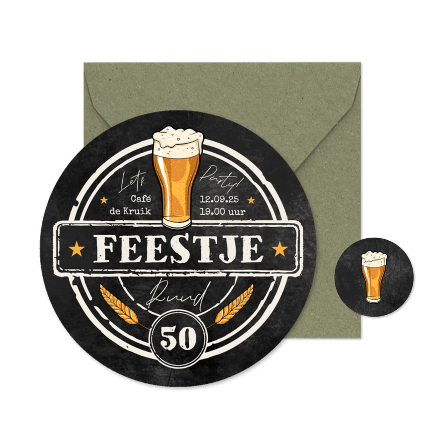 Ronde kaart bierviltje krijtbord stoer verjaardag feestje 50 - Kaartimpressie
