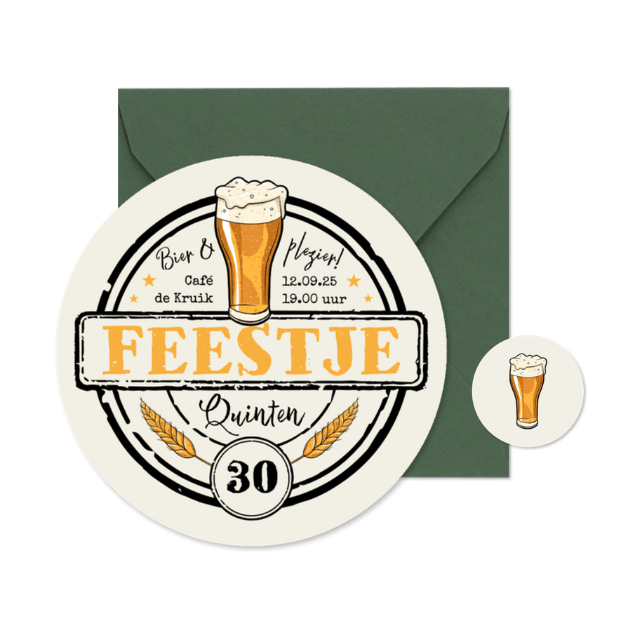 Ronde kaart bierviltje uitnodiging verjaardag bier stoer - Kaartimpressie