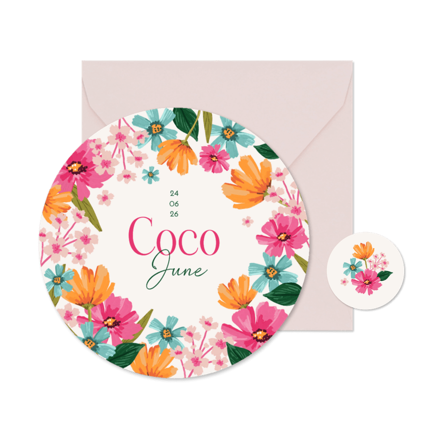 Ronde kaart geboortekaartje meisje bloemen lente zomer kleur - Kaartimpressie