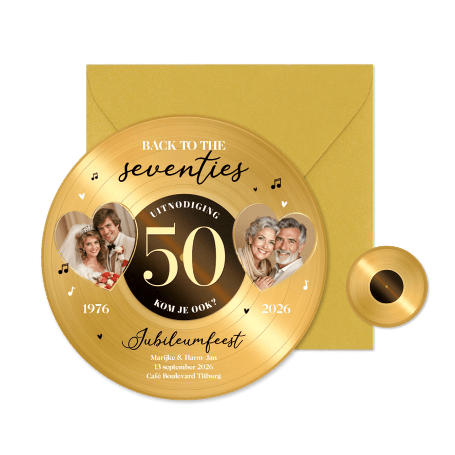 Ronde kaart jubileumfeest gouden plaat vinyl 50 jaar feest - Kaartimpressie