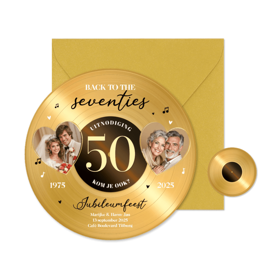 Ronde kaart jubileumfeest gouden plaat vinyl 50 jaar feest - Kaartimpressie