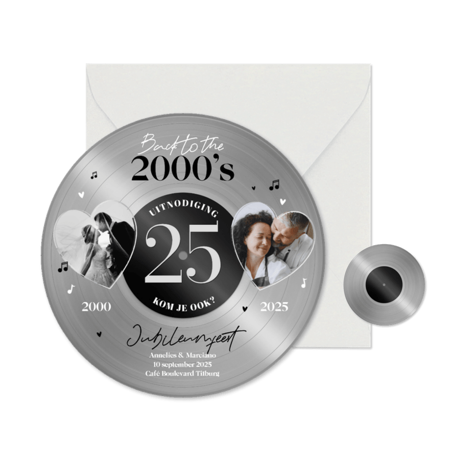 Ronde kaart jubileumfeest zilveren plaat vinyl 25 jaar feest - Kaartimpressie