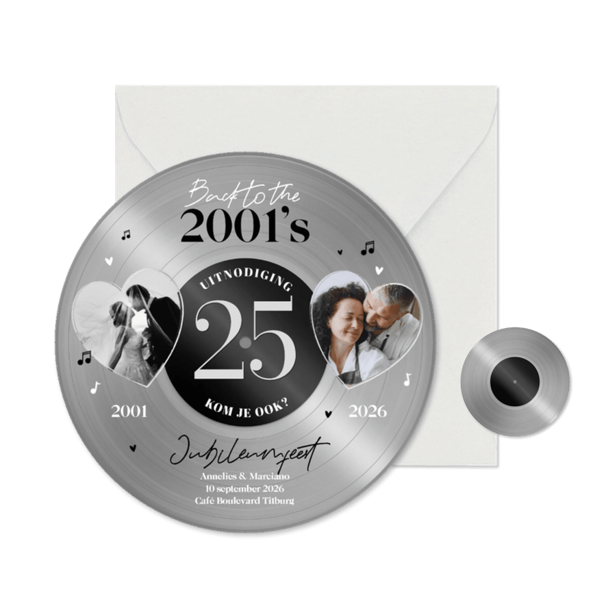 Ronde kaart jubileumfeest zilveren plaat vinyl 25 jaar feest - Kaartimpressie