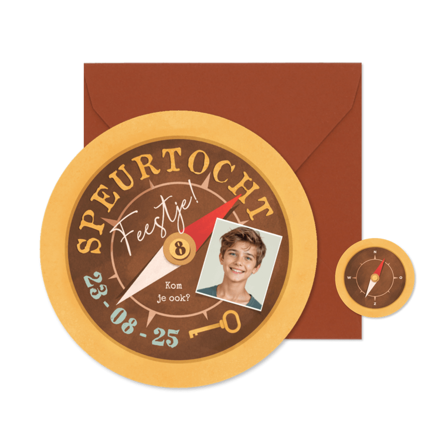 Ronde kaart kompas speurtocht kinderfeestje foto uitnodiging - Kaartimpressie