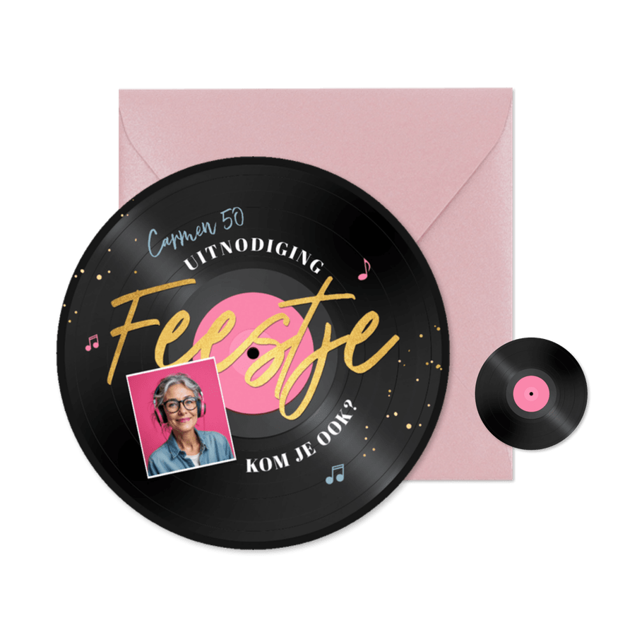 Ronde kaart LP plaat muziek vinyl feestje vrouw 50 - Kaartimpressie