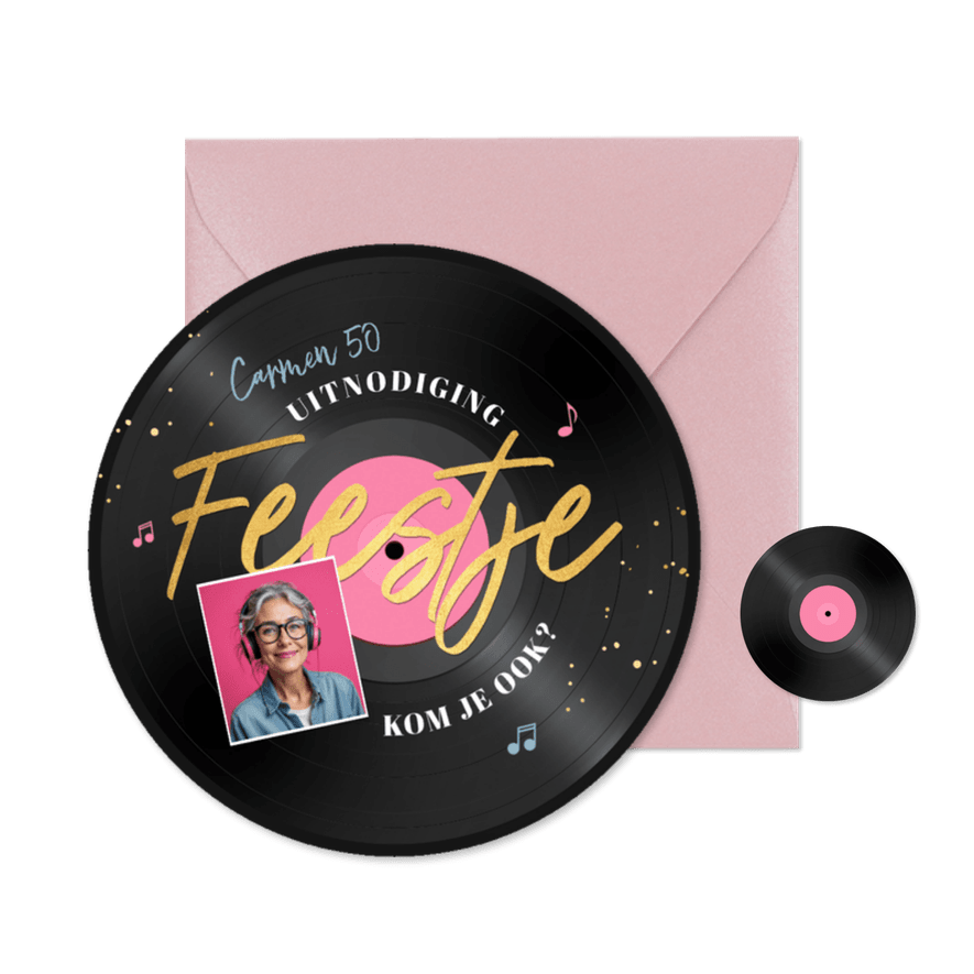 Ronde kaart LP plaat muziek vinyl feestje vrouw 50 - Kaartimpressie