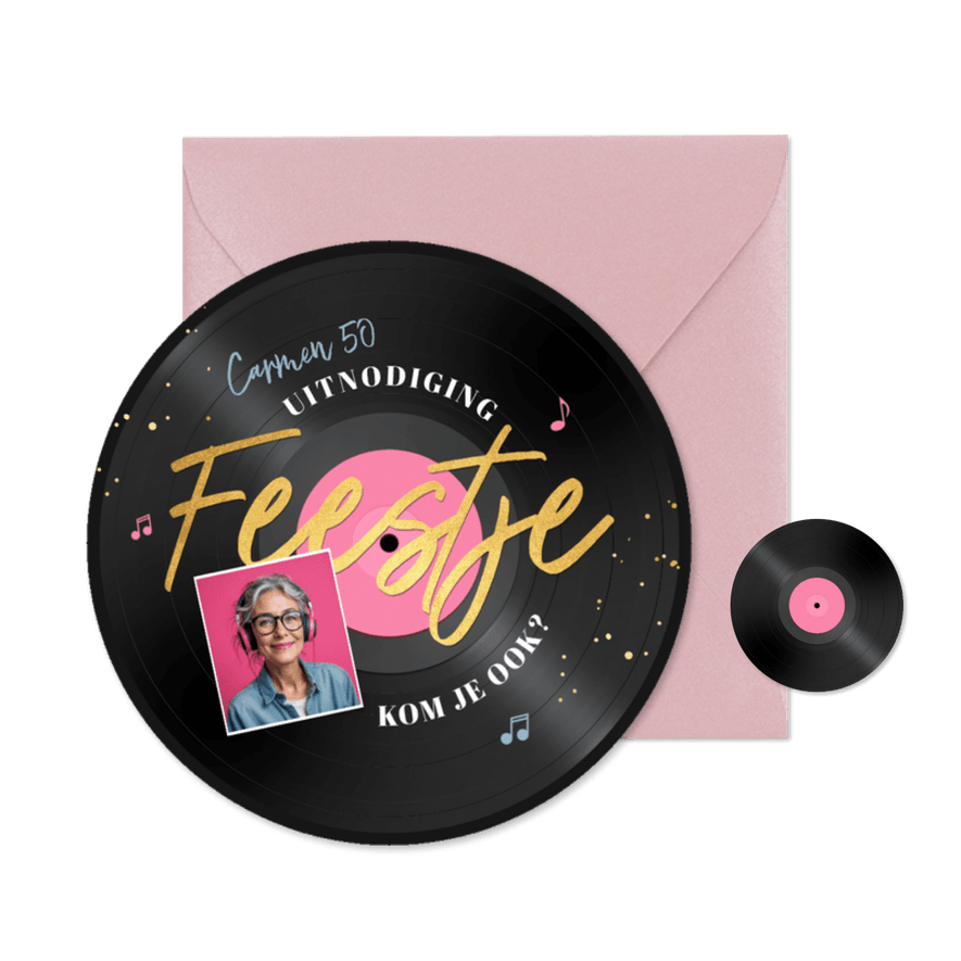 Ronde kaart LP plaat muziek vinyl feestje vrouw 50 - Kaartimpressie