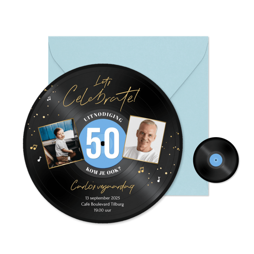 Ronde kaart LP vorm uitnodiging 50 jaar muziek feestje - Kaartimpressie