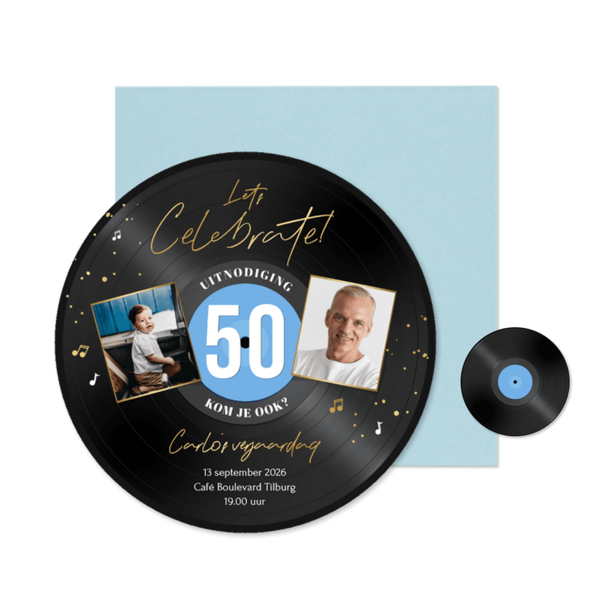 Ronde kaart LP vorm uitnodiging 50 jaar muziek feestje - Kaartimpressie
