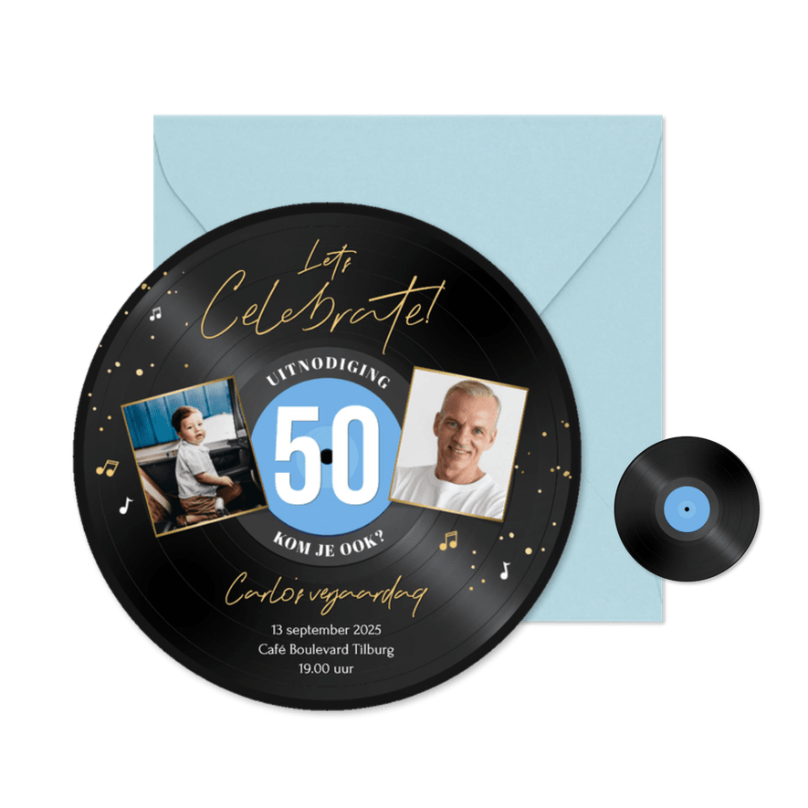 Ronde kaart LP vorm uitnodiging 50 jaar muziek feestje - Kaartimpressie