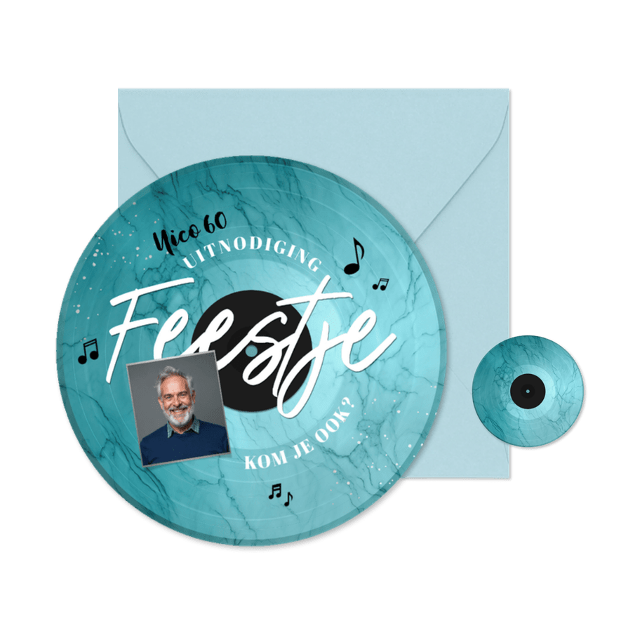 Ronde kaart marble vinyl LP blauw feestje man 60 jaar muziek - Kaartimpressie