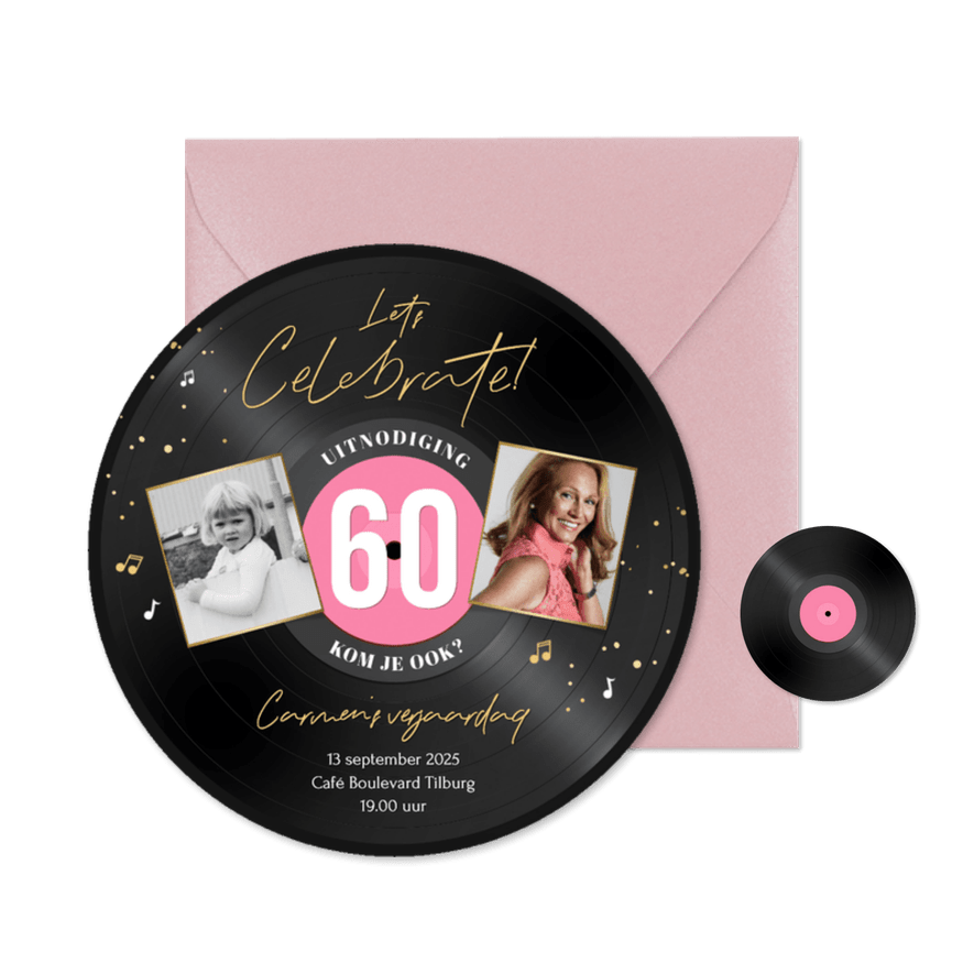 Ronde kaart roze LP vorm uitnodiging 60 jaar muziek feestje  - Kaartimpressie