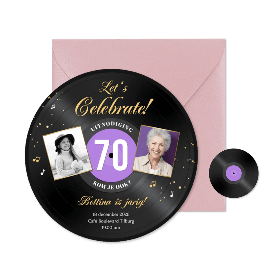 Ronde kaart roze LP vorm uitnodiging 70 jaar muziek feestje - Kaartimpressie