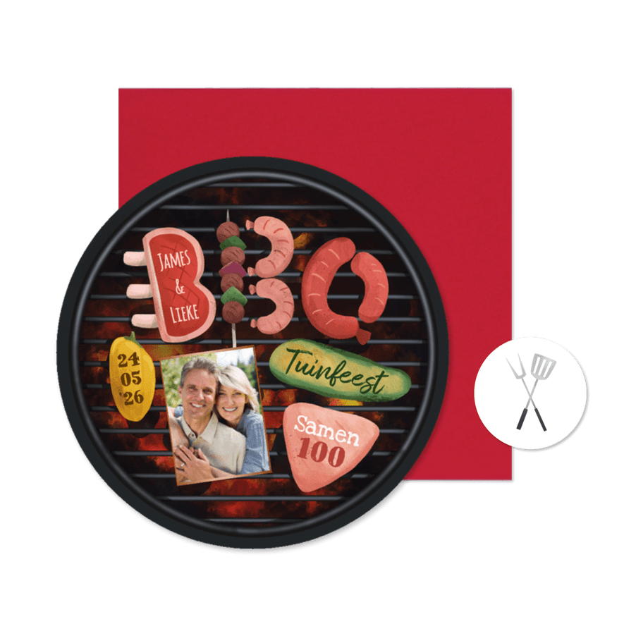 Ronde kaart uitnodiging BBQ party verjaardag samen 100 foto - Kaartimpressie