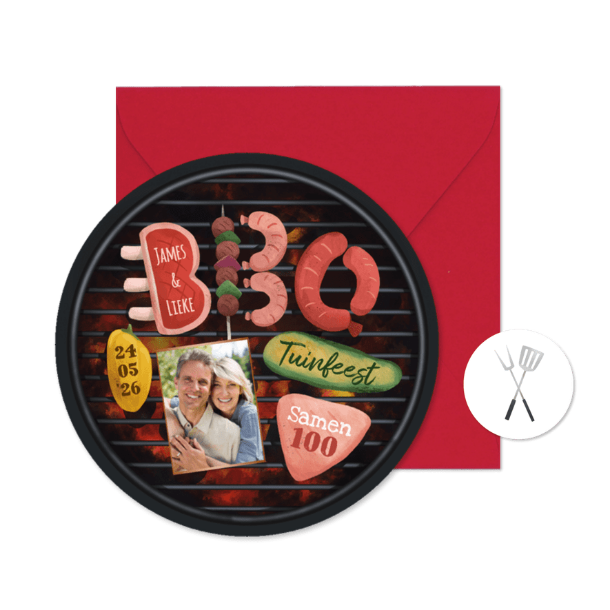 Ronde kaart uitnodiging BBQ party verjaardag samen 100 foto - Kaartimpressie
