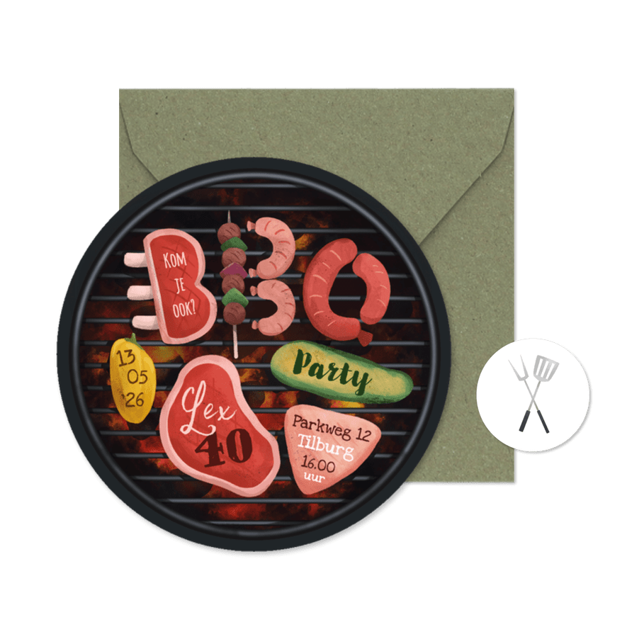 Ronde kaart uitnodiging BBQ party verjaardag - Kaartimpressie