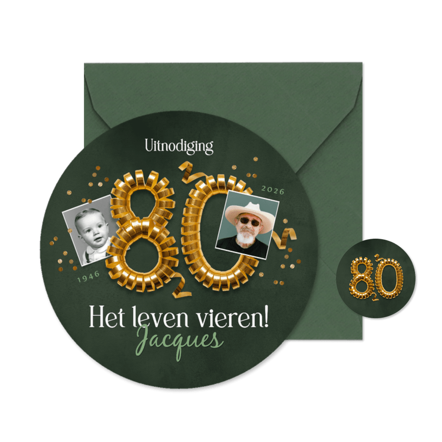 Ronde kaart uitnodiging verjaardag feest 80 jaar foto goud - Kaartimpressie