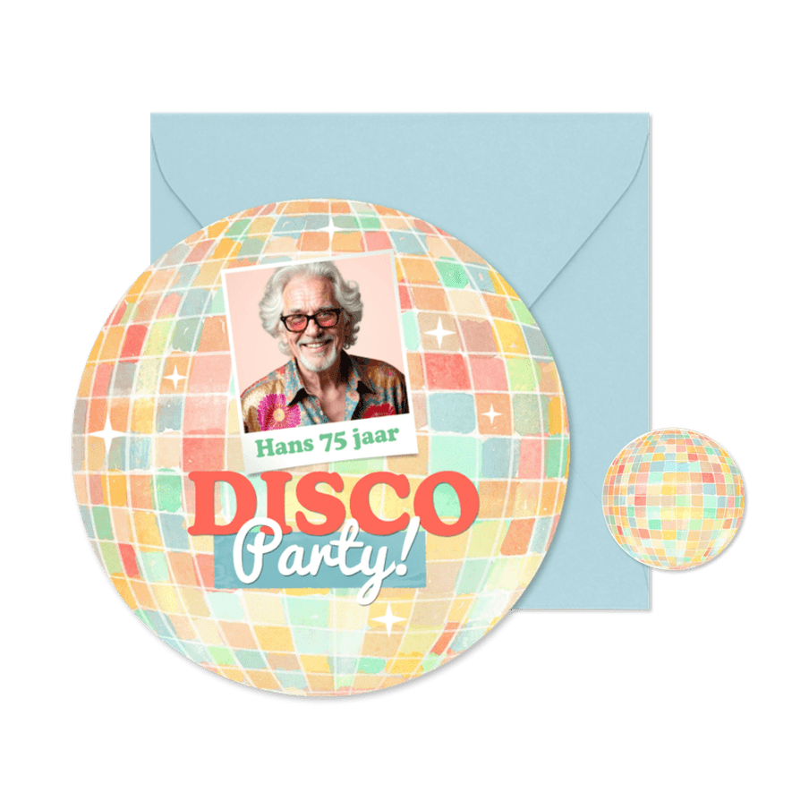 Ronde kaart vorm discobal kleurrijk disco feestje foto - Kaartimpressie