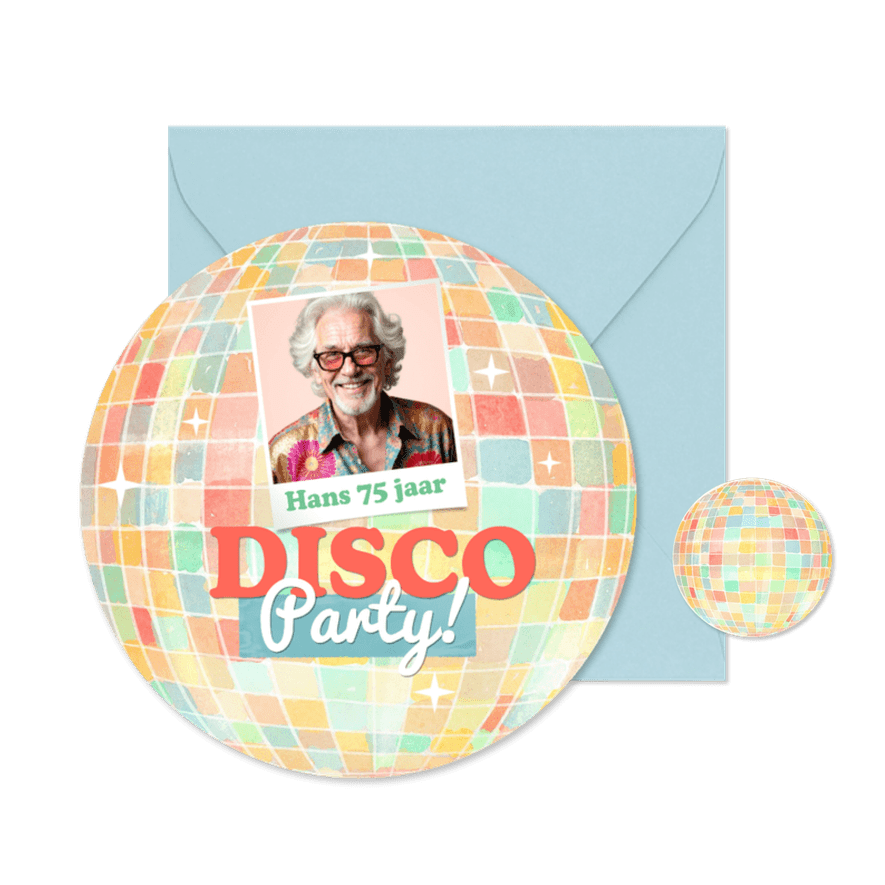 Ronde kaart vorm discobal kleurrijk disco feestje foto - Kaartimpressie