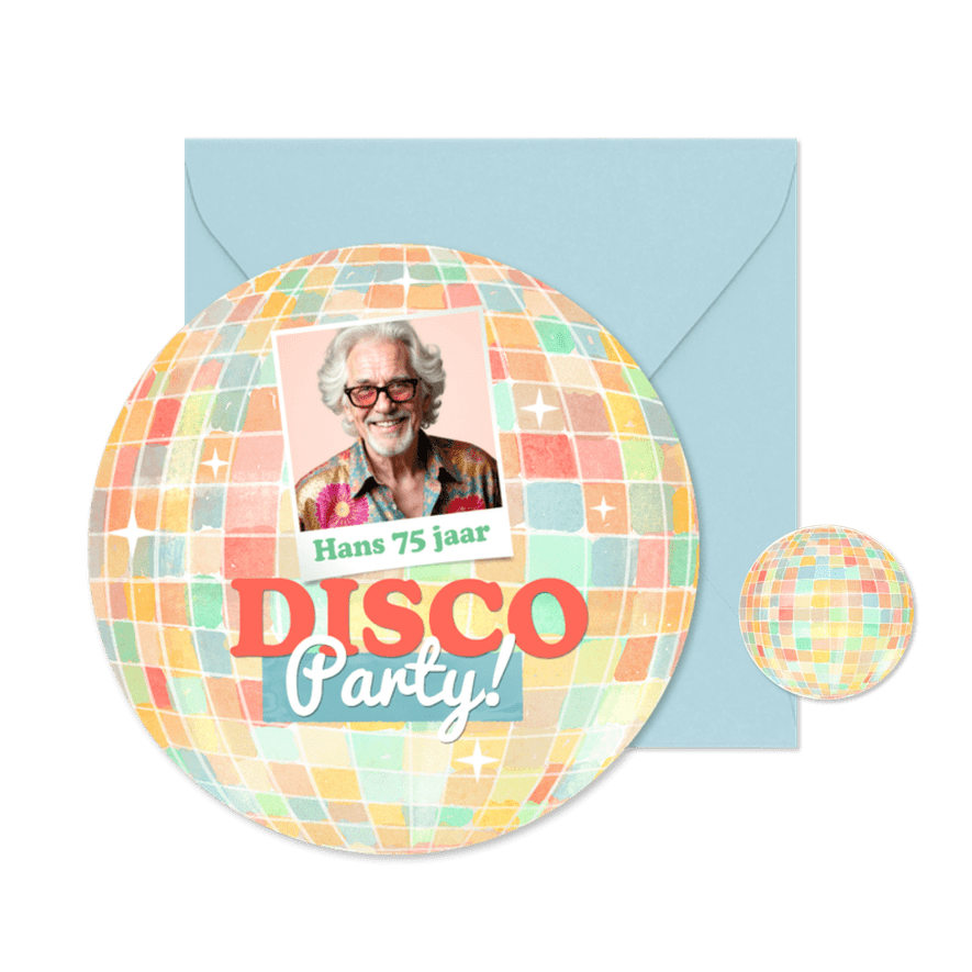 Ronde kaart vorm discobal kleurrijk disco feestje foto - Kaartimpressie