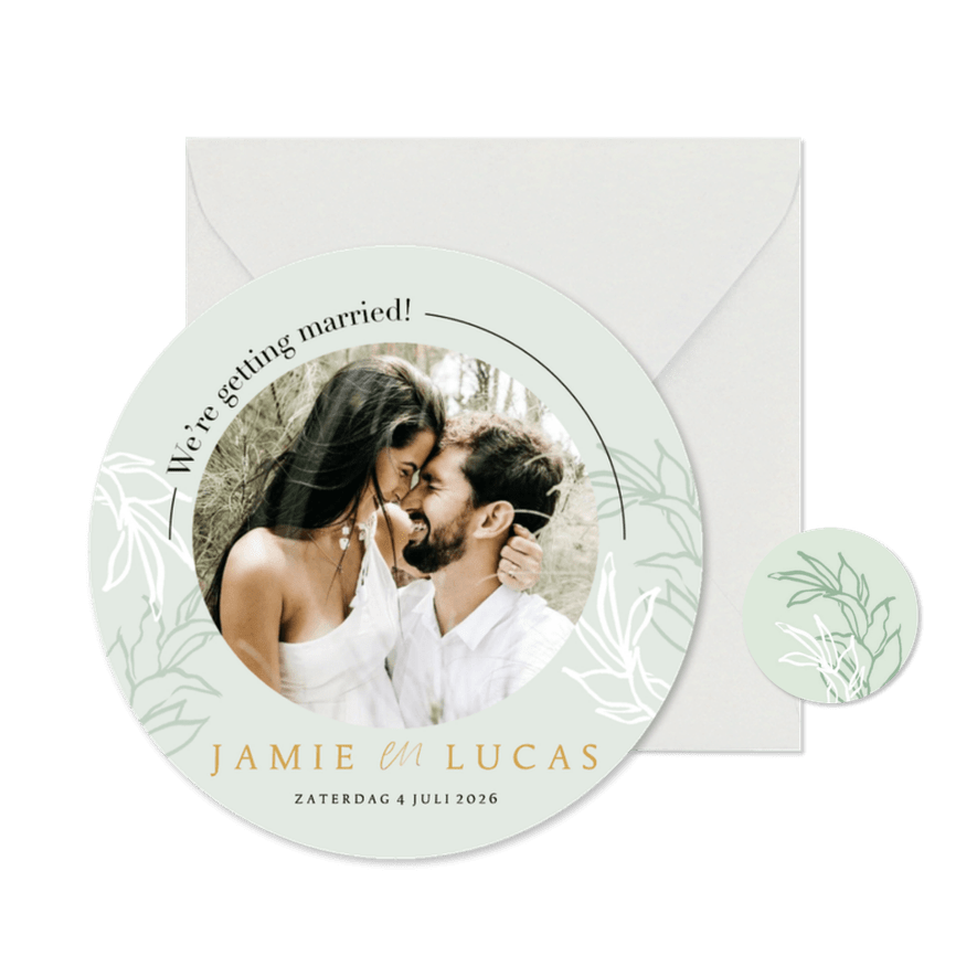 Ronde moderne trouwkaart botanische bladeren - Kaartimpressie