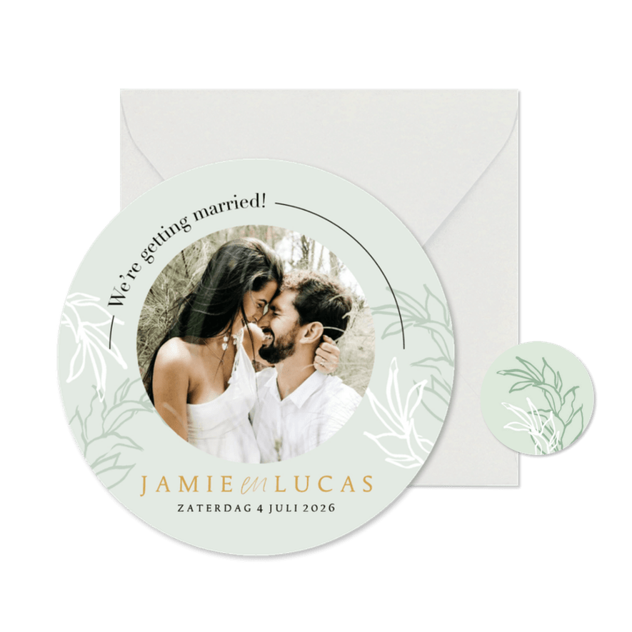 Ronde moderne trouwkaart botanische bladeren - Kaartimpressie