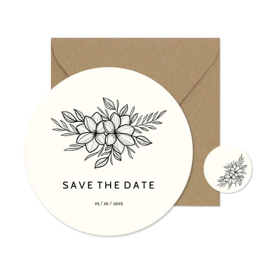 Ronde save the date zwarte lijntekening van bloemen - Kaartimpressie