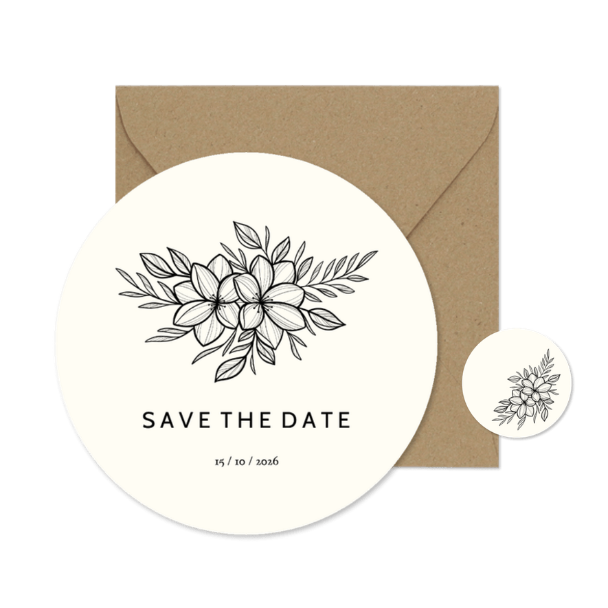 Ronde save the date zwarte lijntekening van bloemen - Kaartimpressie