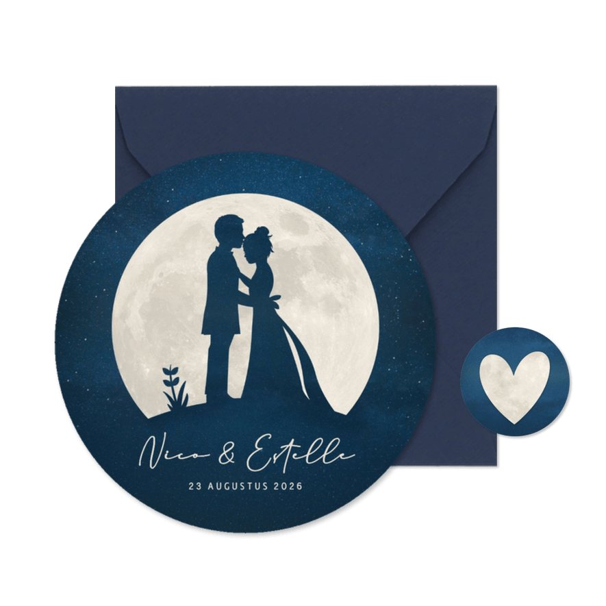 Ronde trouwkaart volle maan met silhouet bruidspaar - Kaartimpressie