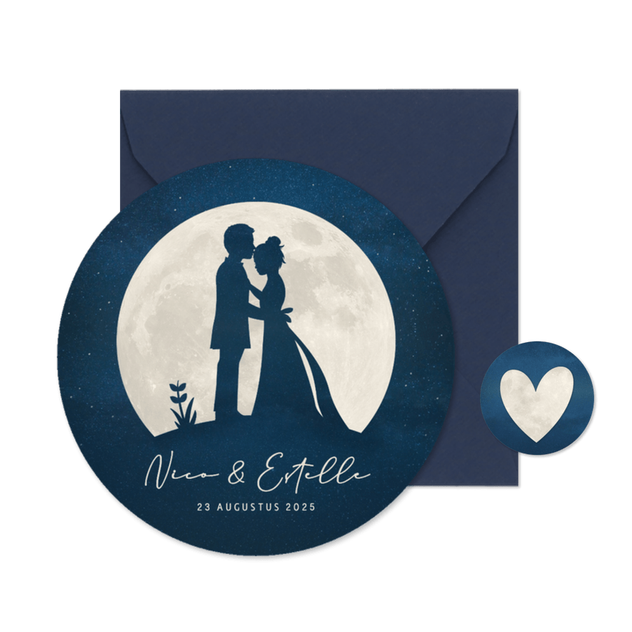 Ronde trouwkaart volle maan met silhouet bruidspaar - Kaartimpressie