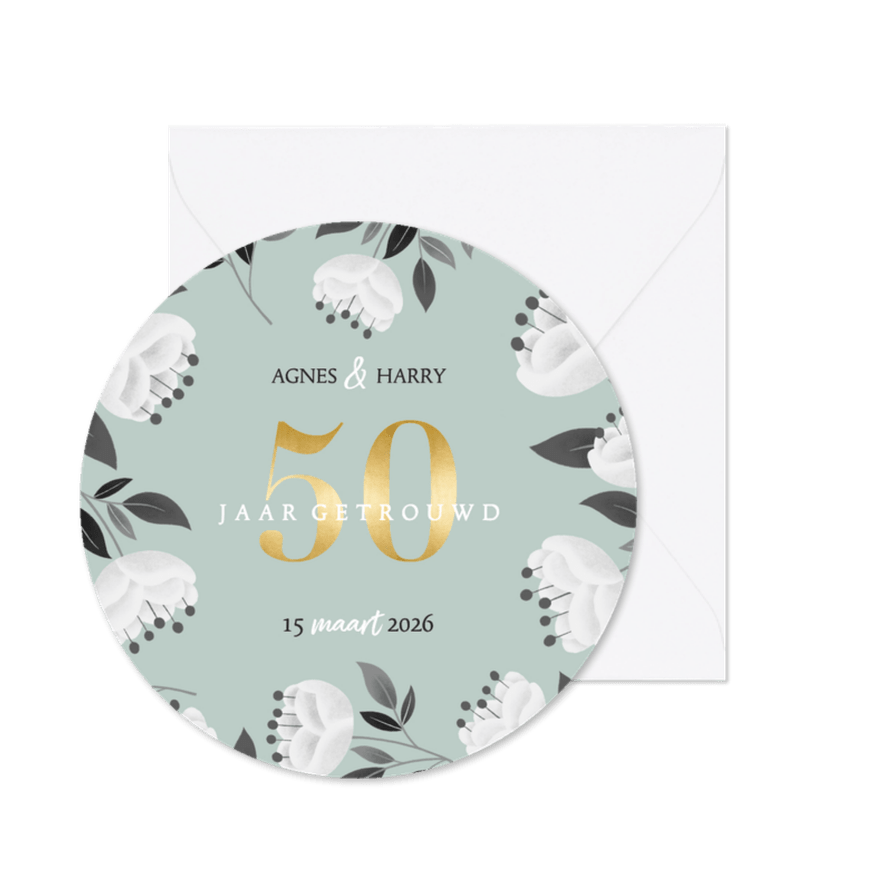 Ronde uitnodiging 50-jarig jubileumfeest witte bloemen - Kaartimpressie