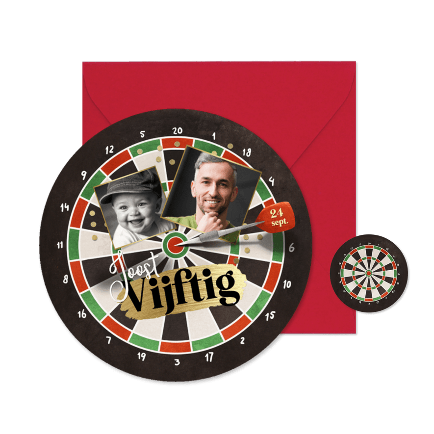 Ronde uitnodiging dart feestje verjaardag kroeg - Kaartimpressie