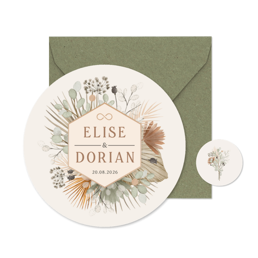 Ronde uitnodiging trouwen droogbloemen en eucalyptus - Kaartimpressie