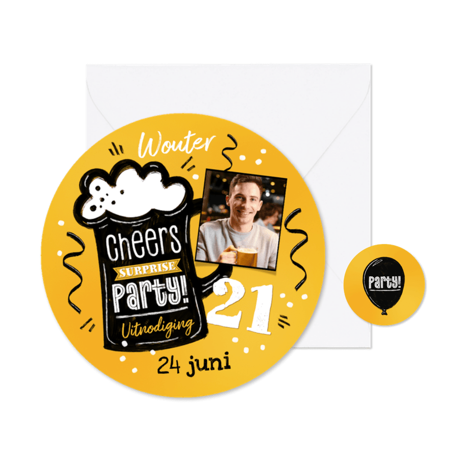 Ronde uitnodigingskaart bier hip jongen foto surprise - Kaartimpressie