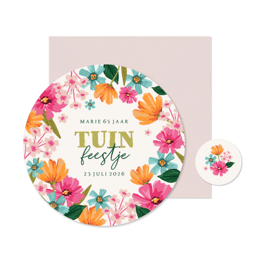 Ronde uitnodigingskaart tuinfeest bloemen lente zomer kleur - Kaartimpressie