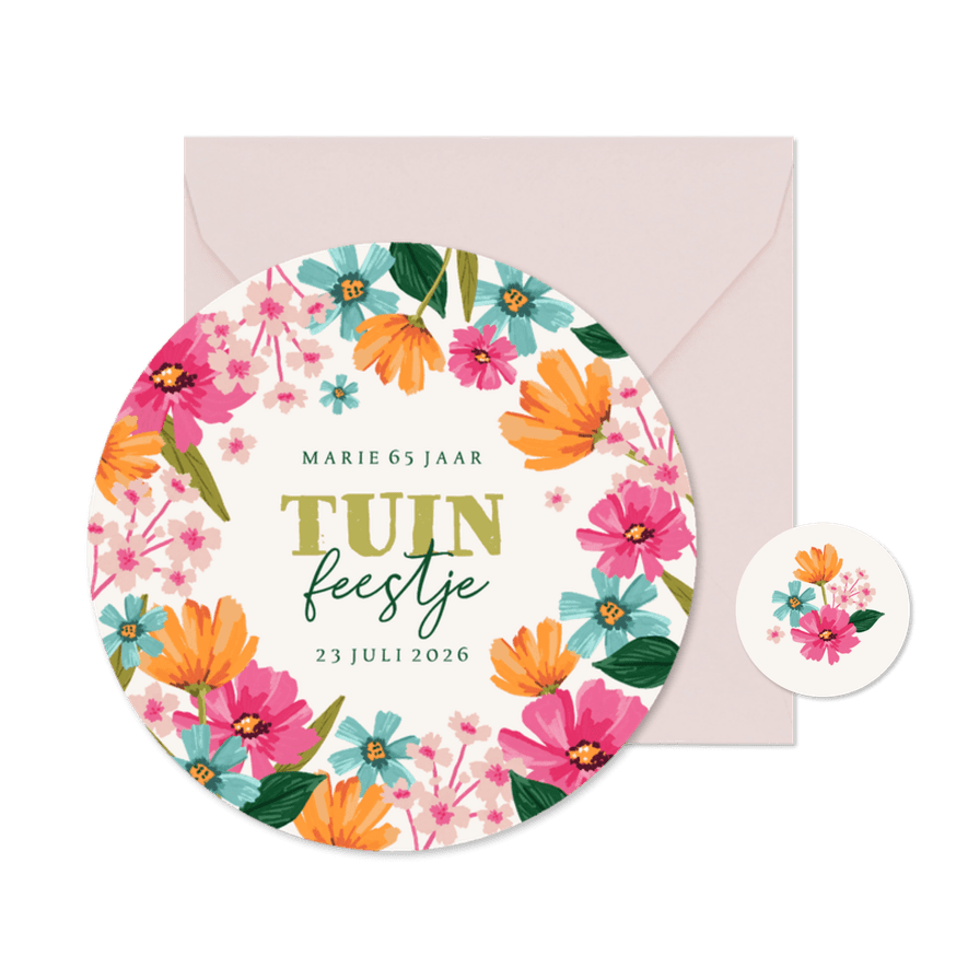 Ronde uitnodigingskaart tuinfeest bloemen lente zomer kleur - Kaartimpressie