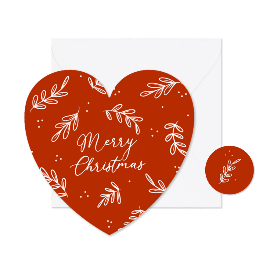 Rood kerstkaartje hart met takjes merry christmas - Kaartimpressie