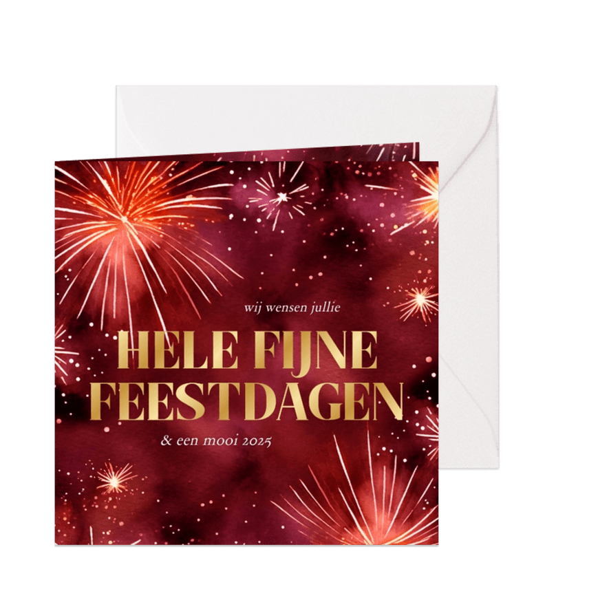 Rood kerstkaartje met vuurwerk en gouden tekst - Kaartimpressie