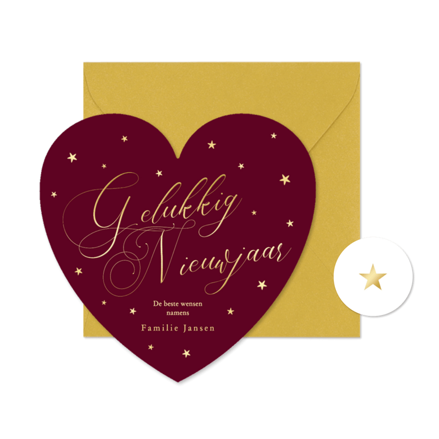 Rood nieuwjaarskaartje hartje gelukkig nieuwjaar goudfolie - Kaartimpressie