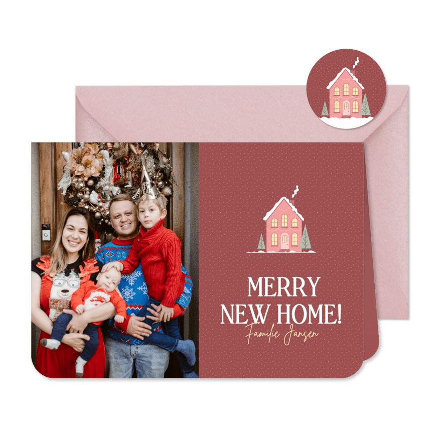 Rood verhuiskaartje kerst met foto en huisje - Kaartimpressie