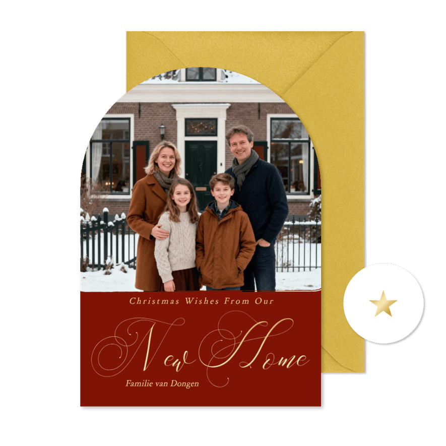 Rood verhuiskaartje kerst met foto new home boog - Kaartimpressie