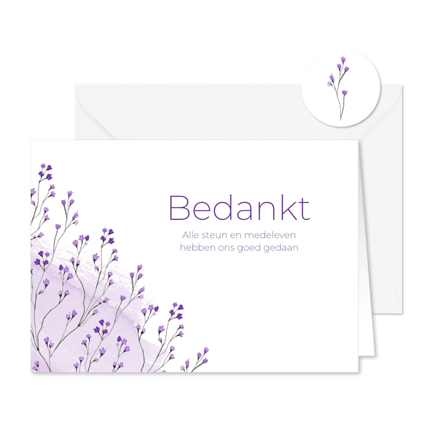 Rouw bedankkaart bloemen lavendel paars waterverf - Kaartimpressie