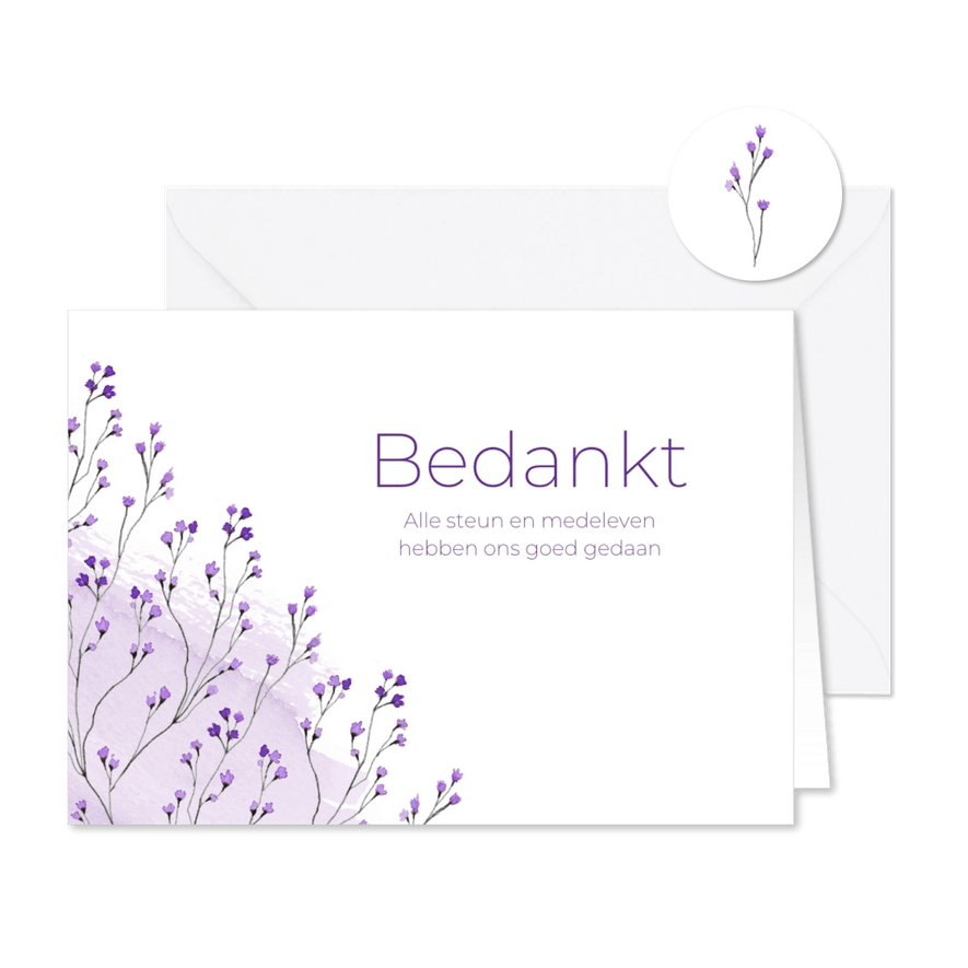 Rouw bedankkaart bloemen lavendel paars waterverf - Kaartimpressie